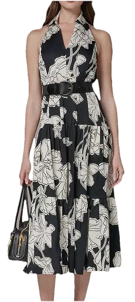 NWT Donna Karan NY Collared Halter A-Line Slvless Dress, 12, Black/Cream, $199