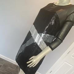 Argenti Black Silver Sequin Mesh Sheer 3/4 Sleeve Sheath Knee Dress 8