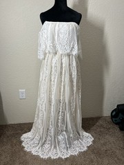 BALTIC BØRN Ivory Lace Off-Shoulder Ruffle Maxi Dress Sheer Floral Size M