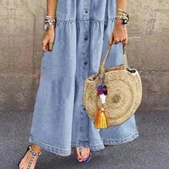 Retro Women Dresses 2022 Short Sleeve Turn Down Collar Pockets Button Long Loose