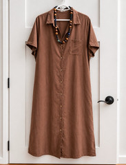 Venti6 Brown Linen Midi Shirt Dress Collared Short Sleeve Button Pockets L