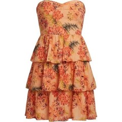 Kimchi Blue Orange Floral Strapless Tiered Ruffle Mini Dress Lace Up Back 6