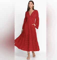 Johnny Was Red XS Maxi Dress V-Neck Bell Sleeve Floral Rayon Button Pockets