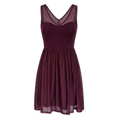 Burgundy Wine Mixed Media Mesh V-Neck Fit and Flare Cocktail Dress