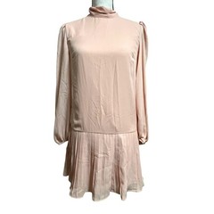 Pleated Hem Dress Size Small Long Sleeve High Neck Tie Back Mini Nude