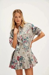 Free People Buttondown Printed Shirt Mini Dress M Connor Denim Faded Blue Combo