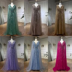 Mermaid V-neck Evening Dress with Beaded Tulle Layered Folded Prom Ball Gown
