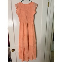 Peach Smocked Bodice Midi Dress Flutter Sleeve Tiered Skirt Small femine