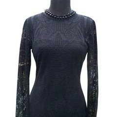 Cache Black Lace Dress Stretch Lined Sheer Shoulder Sleeves Key Hole $188 NWT