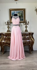 SHEER Embroidery Mock Two Piece Rhinestones Beaded Long Evening Gown prom dress