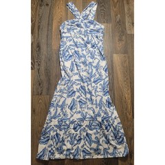 Grace Karin Blue White Tropical Leaf Print Halter Maxi Dress Medium Tiered Hem