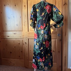Vintage 60s 70s Hippie Floral Maxi Dress Lace Trim S M Black Polyester