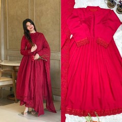 Designer Roman Silk Embroidered Gown Set Dupatta Party Wedding Anarkali Dress