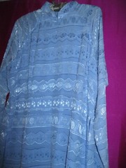 VIETNAM, EXTRA LONG BLUE DRESS, SZ. M., W/ HIGH COLLAR & SIDE SNAPS