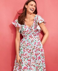 ANN TAYLOR Floral Aqua Blue V-neck Flutter Tea Dress| POPLIN COTTON | Summer