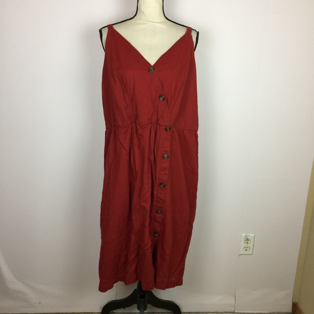Maurices A-line Tank Dress XXL 2XL Red Linen Faux Wrap Button Up V-Neck Smocked
