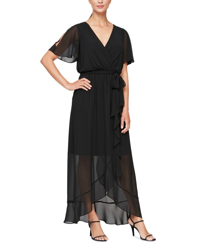 SL Fashions Women&rsquo;s Ruffled Wrap Dress (Black, 8)