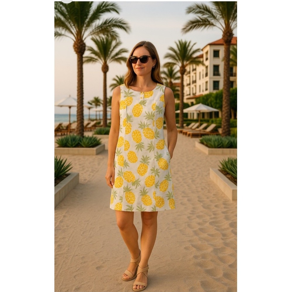 Brooks Brothers Pineapple Print Shift Dress Womens 4 Petite White Yellow Preppy