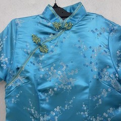 Vintage Eastern Collection Qipao Cheongsam Dress Blue Brocade Floral Satin Sz S