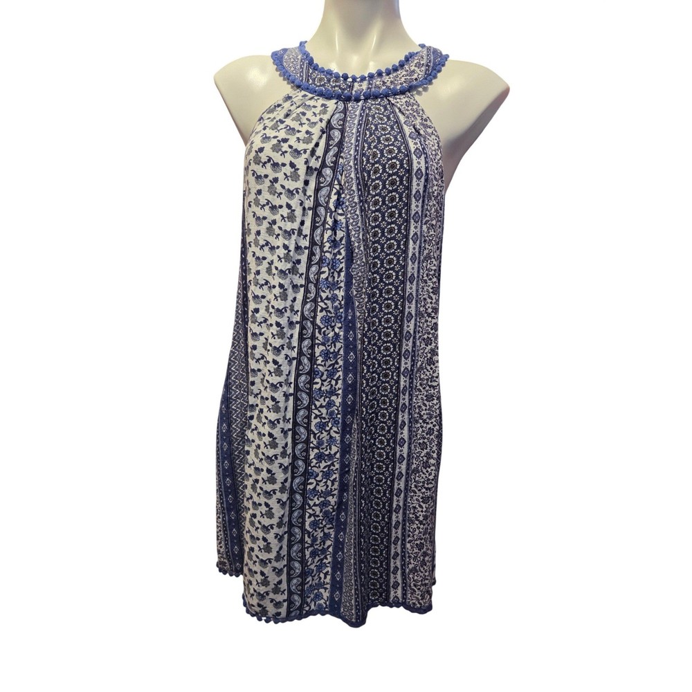 Attard State Blue White Boho Patchwork Halter Dress Pom Pom Trim Size M