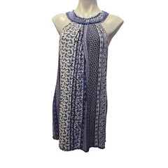 Attard State Blue White Boho Patchwork Halter Dress Pom Pom Trim Size M