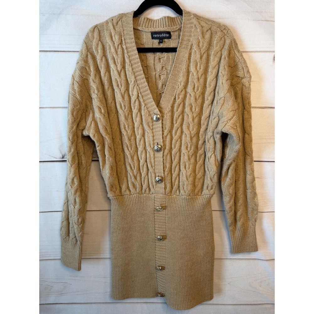 Retrofete Camel Tan Cable Knit Button Front Cardigan Mini Sweater Dress Small