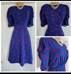 Vintage 1940s WW2 Style Blue Red Cherry Stretchy Swing Dress Size 12