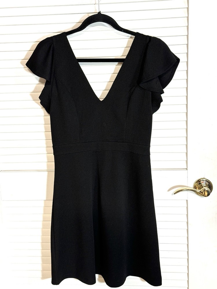FAVLUX Black Dress Size L Shoulder Ruffle V Neck Stretch Classic Women EUC