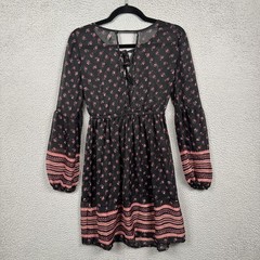 Mudd Dress Womens S Black Mini Sheer Floral Overlay Boho Tie Front Bell Sleeve