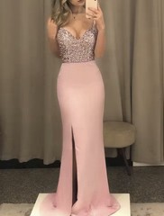 Women’s Pink Satin Sweetheart Beaded Sequin Backless Slit Long Gown One Size