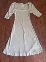 OGL Move Women’s Ribbed Midi Dress XS Beige Taupe Square Neck Cottagecore