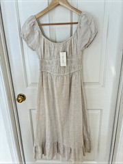 NWT Sim & Sam Linen Blend XS Midi Off the Shoulder Beige Dress Milkmaid Peasant