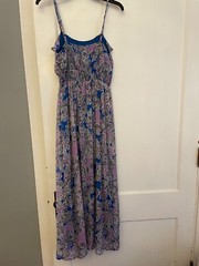 Preowned Faded Glory Med.(8-10)Maxi Spaghetti Dress Blue Pink And Grey Sheer
