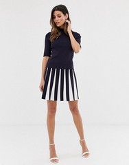 TED BAKER London Navy White Hethia Pleat Knit Skirt Dress 1 TB = 0/2 US XS