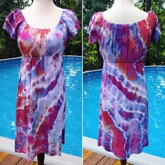 Coral, Orchid, Ice Blue & Cobalt Ice Dye Tie Dye Midi Peasant Style Dress ~ Sz S