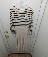 IWEMEK Women&rsquo;s Striped Knit Sweater Dress Pleated Fit & Flare Beige/Black M