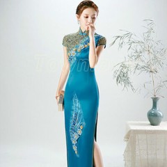 Chinese Retro Cheongsam Summer Embroidery Sequins Qipao Women Bodycon Dress Gown