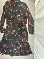 Lauren Ralph Lauren Black Floral Crinkle Georgette Midi Dress Size 16