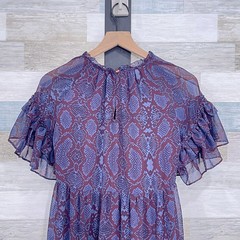 Karlie Snake Print Chiffon Ruffle Mini Dress Burgundy Blue Romantic Women Small