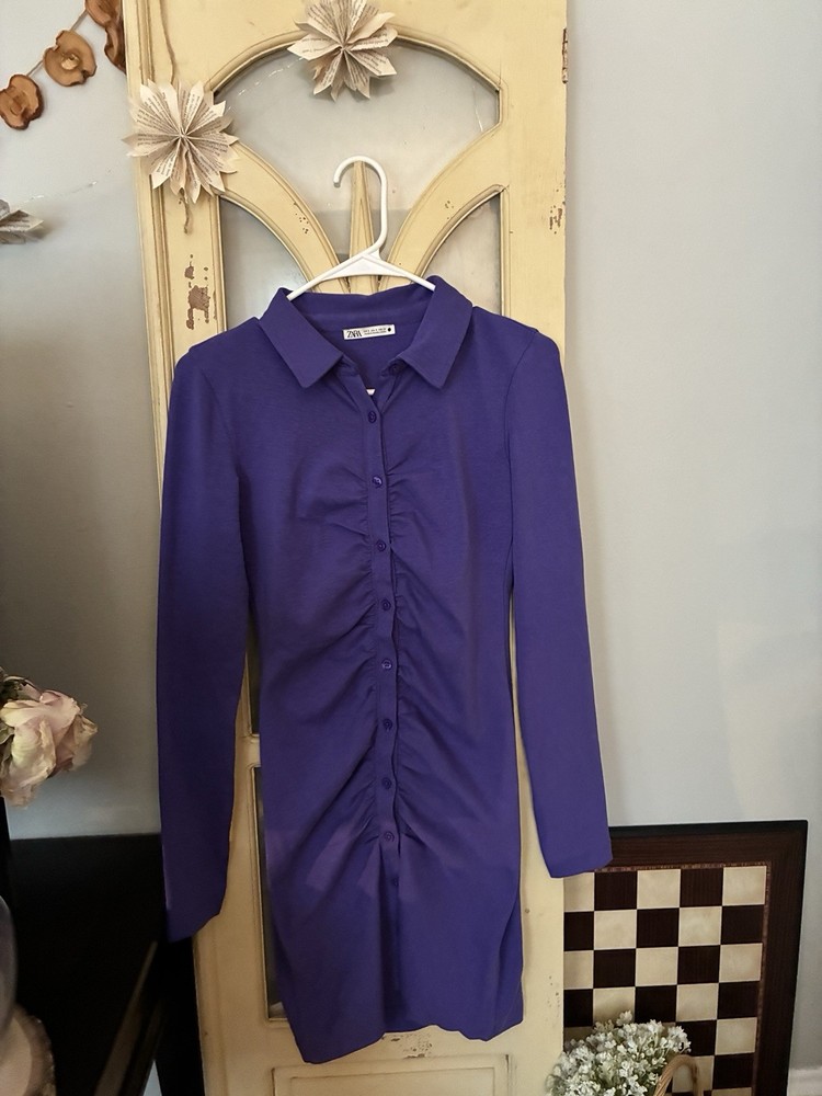 Zara Purple Collared Button-Front Ruched Long Sleeve Shirt Dress, S
