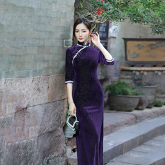 Young Lady Improved Cheongsam Split Shining Dress Long Velvet Qipao ChineseStyle