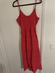 Universal Thread Red Cotton Eyelet Smocked Midi Sundress V-Neck Pockets L