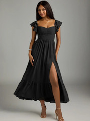 Azazie Womens Black Solid A-Line Dress 14 Sweetheart Flutter Sleeve Slit