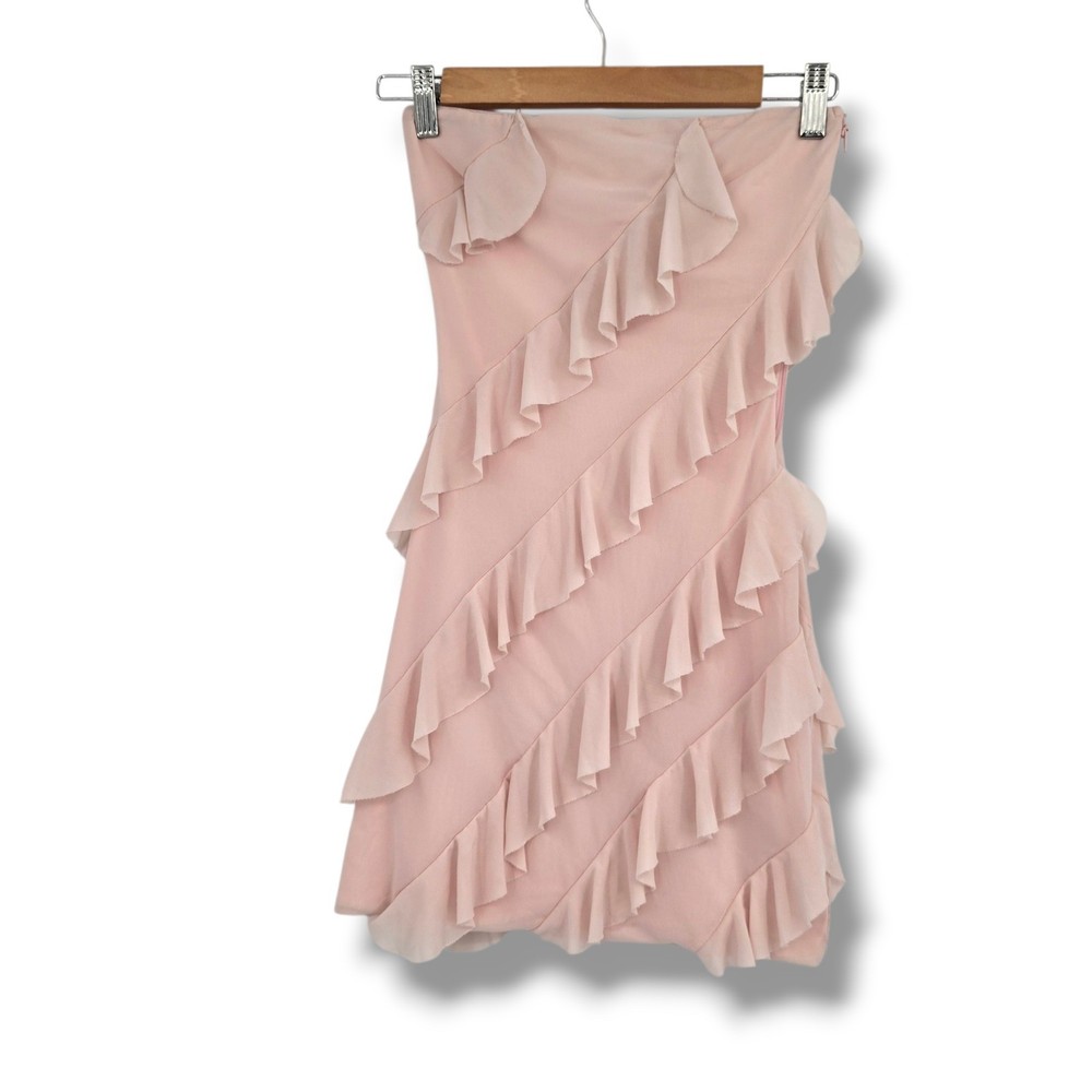 Pants Store Womens Strapless Ruffle Mini Dress Blush Pink Mesh Bodycon Small