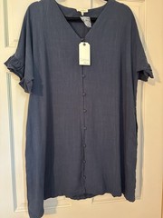 Cotton Bleu Blue Solid V-Neck Button Front Ruffle Sleeve Dress M