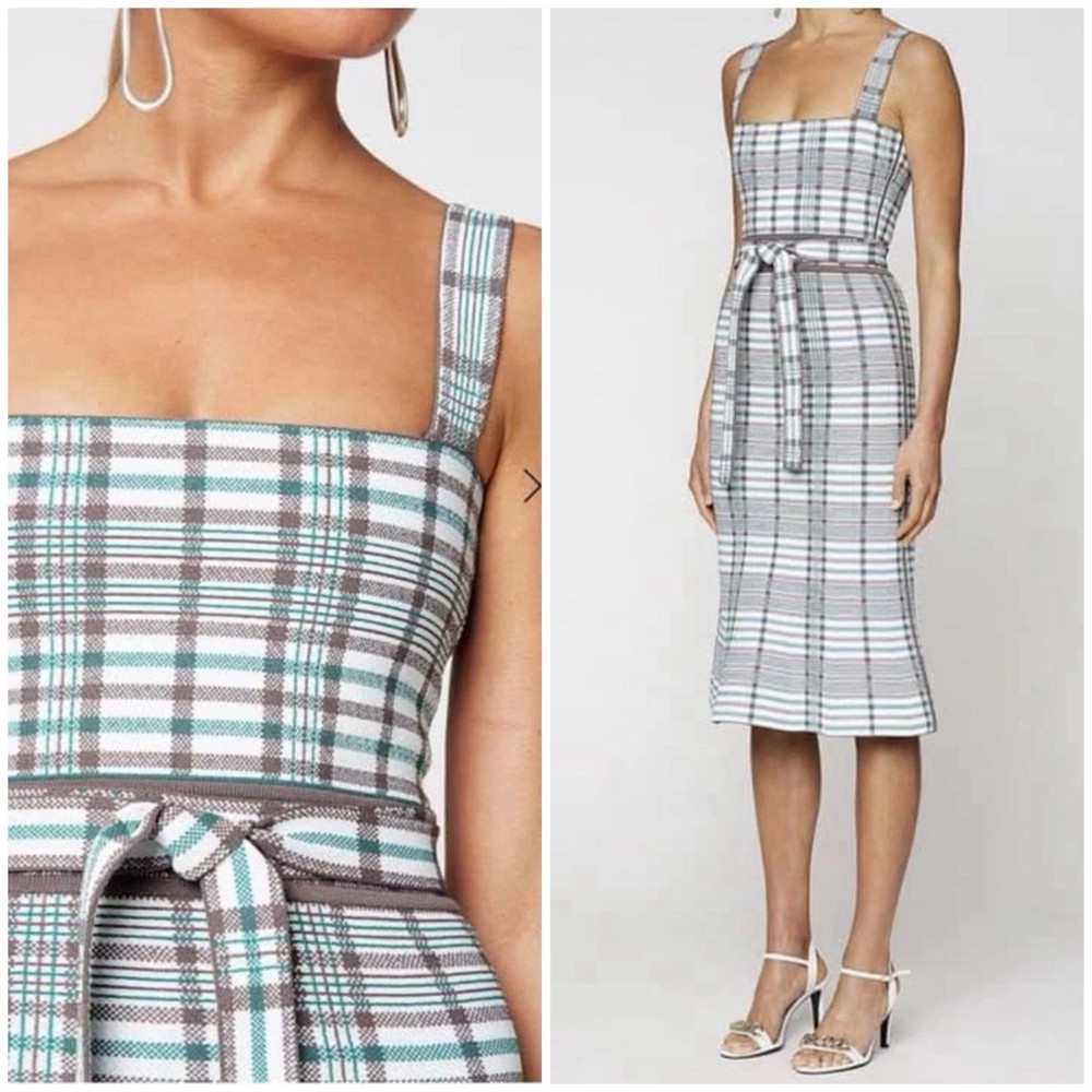 Scanlan Theodore Crepe Knit Dress Size S Plaid Bralette Belted Midi Green Check