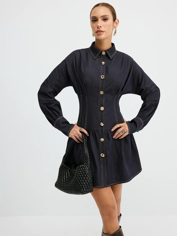 Denim Gold Button Shirt Dress