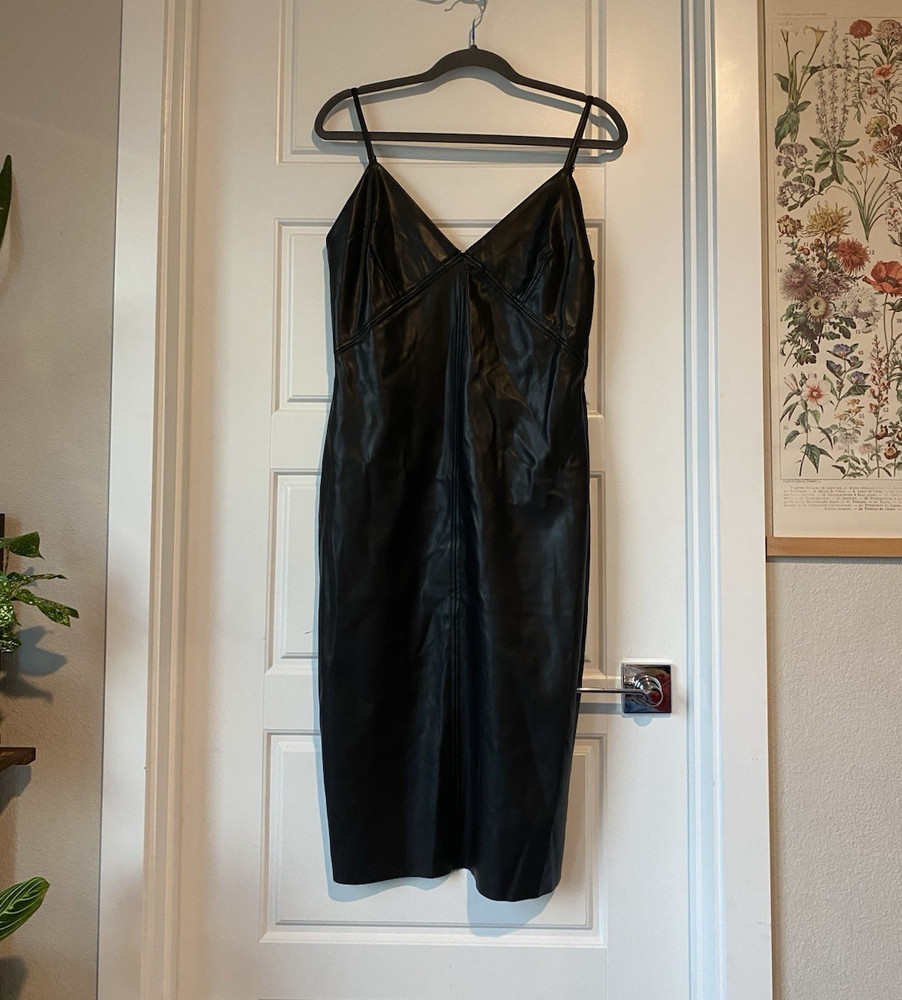 Lefties Black Faux Leather V-Neck Slip Midi Dress, Strappy Sleeveless, Size L