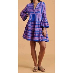 Devotion Twins Anthro Blue Pink Geometric Woven Tier Bell Sleeve Mini Dress Sz S