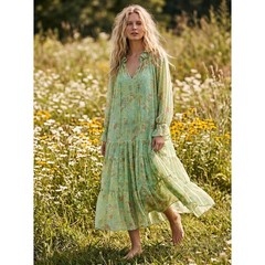 Free People Feeling Groovy Maxi Dress Size Medium 70s Chartreuse Floral Bohemian